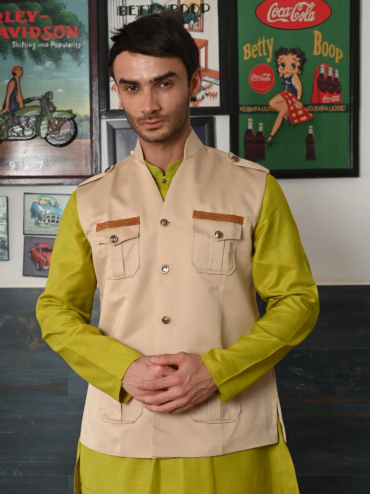 Odette Beige Polyester Safari Jacket for Men