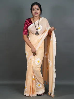 Odette Beige Printed Cotton Saree With Unstitched Blouse For Women