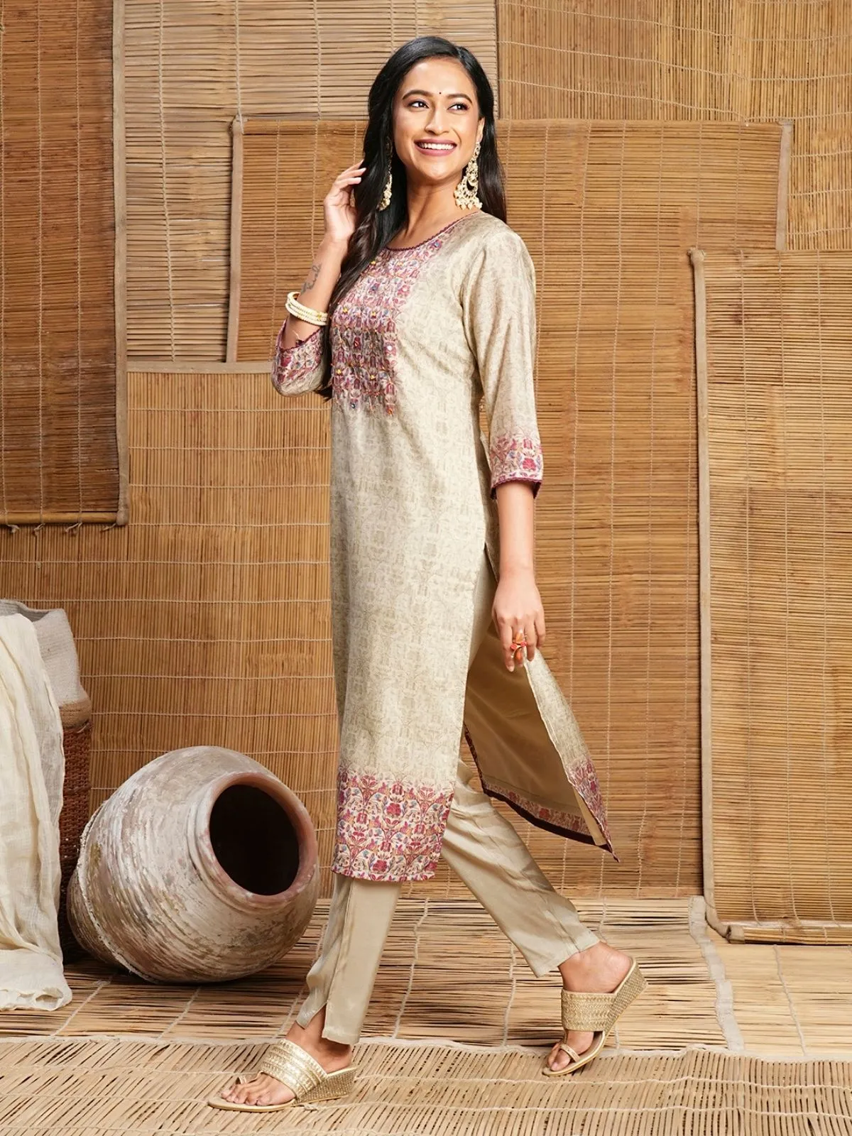 Odette Beige Printed Cotton Stitched Kurta Set For Women