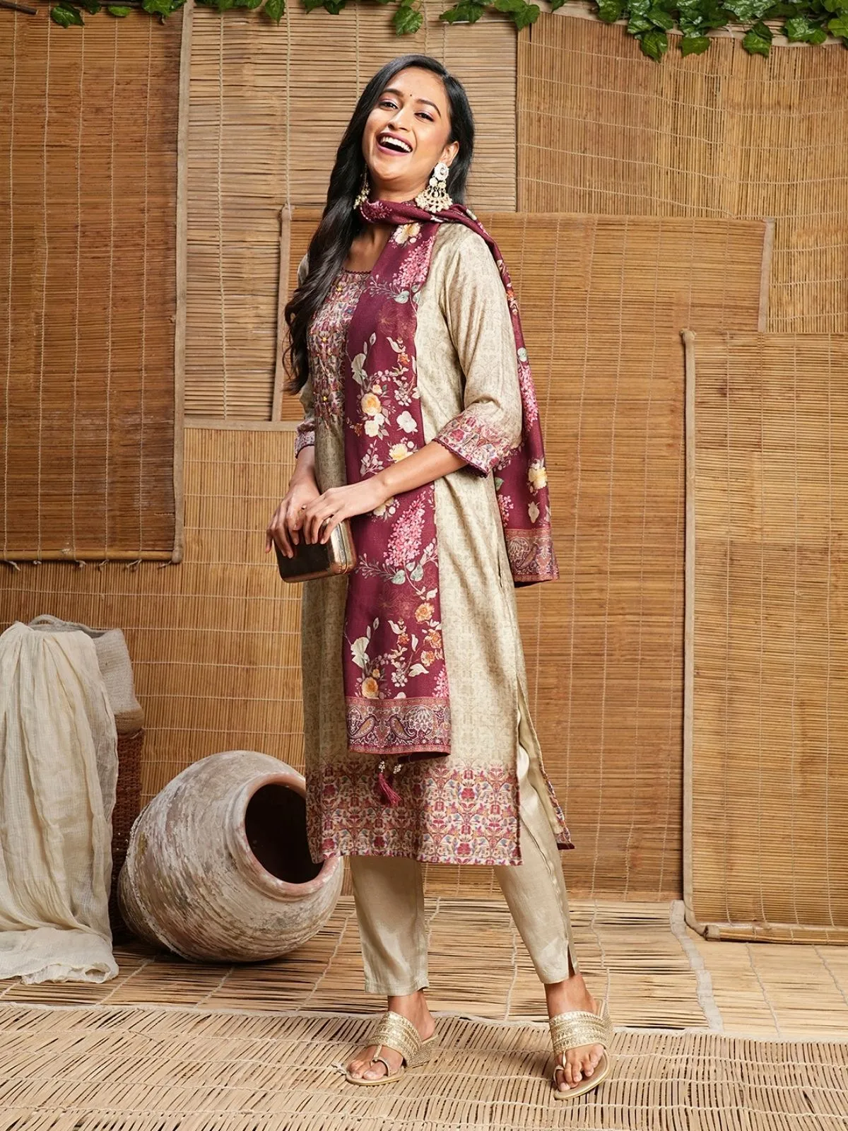 Odette Beige Printed Cotton Stitched Kurta Set For Women