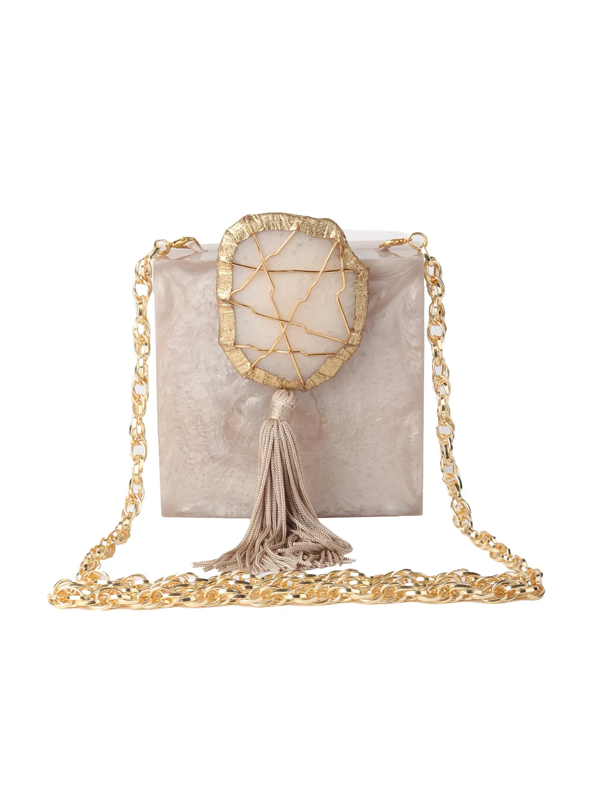 Odette Beige Resin Embellished Clutch For Women