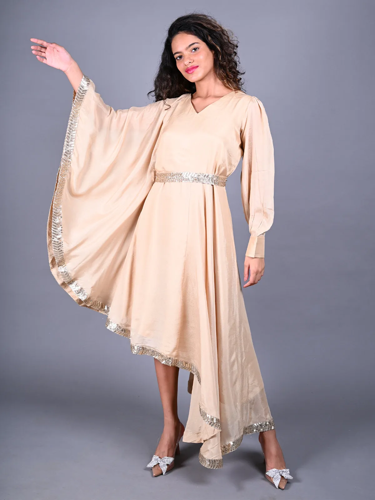 Odette Beige Sequins Embroidered Crepe Dress for Women