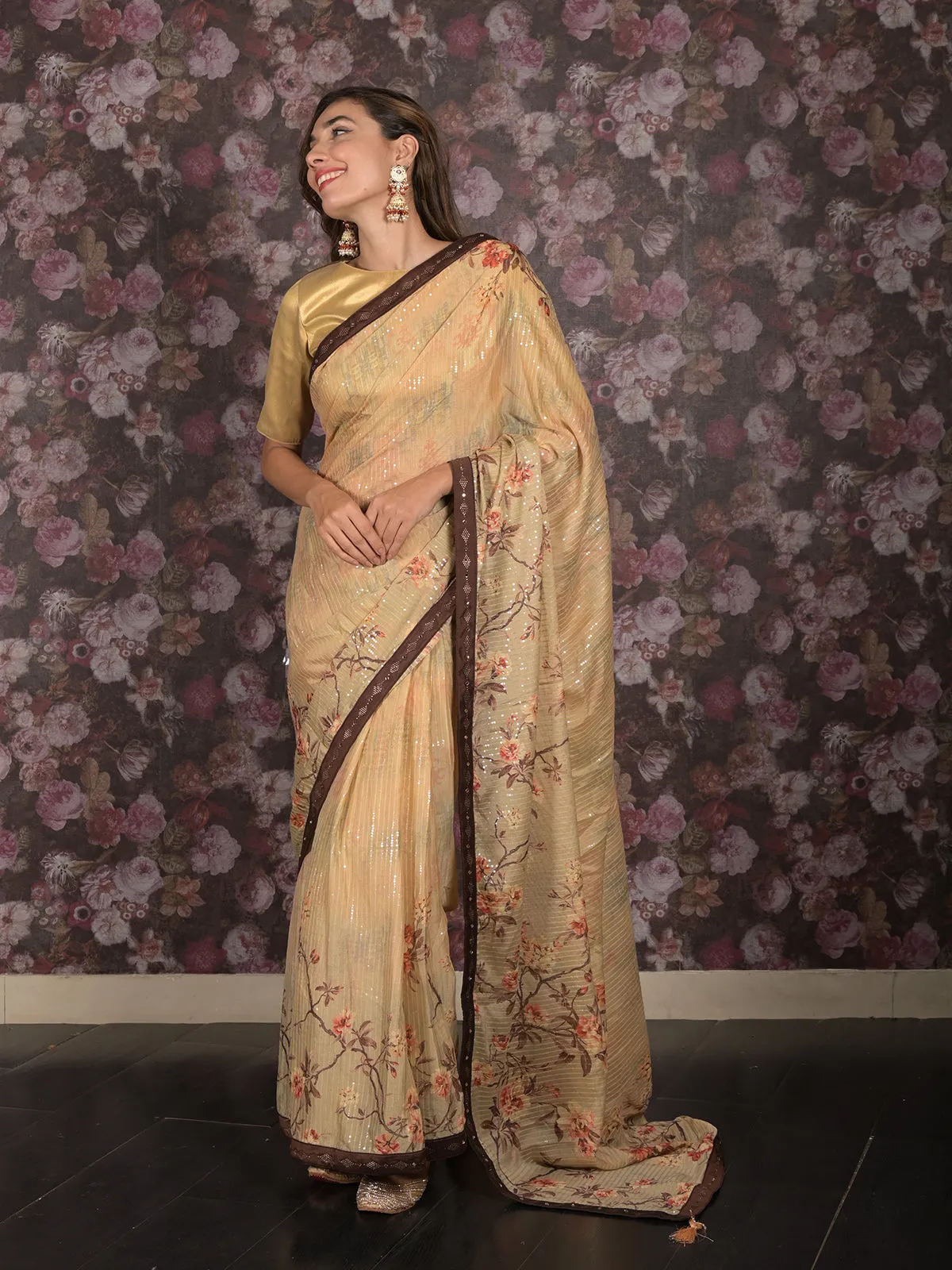 Odette Beige Sequins Embroidered Crepe Saree with Unstitched Blouse for Women