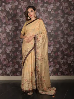 Odette Beige Sequins Embroidered Crepe Saree with Unstitched Blouse for Women