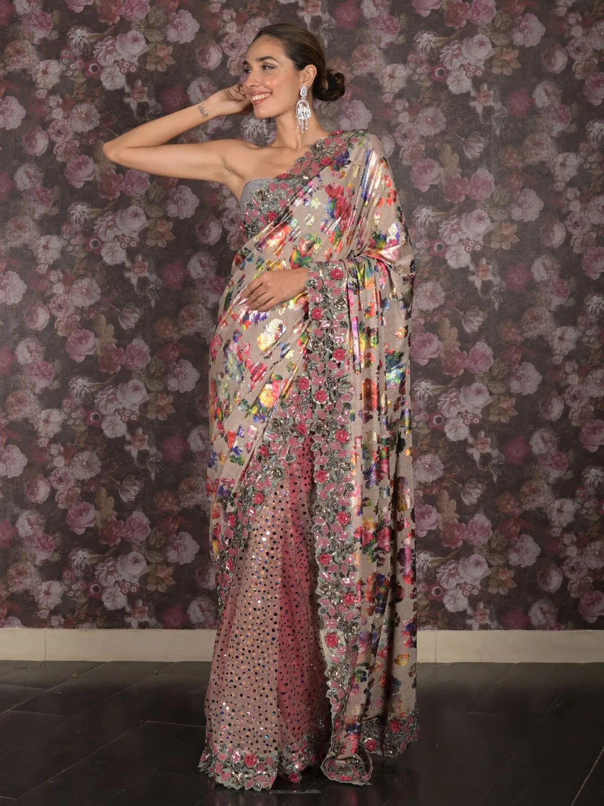 Odette Beige Shimmer Floral Printed Embellished Lycra Saree with Unstitched Blouse for Women