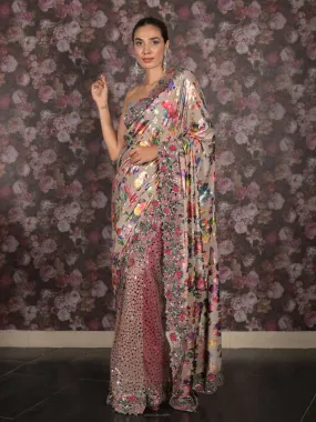 Odette Beige Shimmer Floral Printed Embellished Lycra Saree with Unstitched Blouse for Women