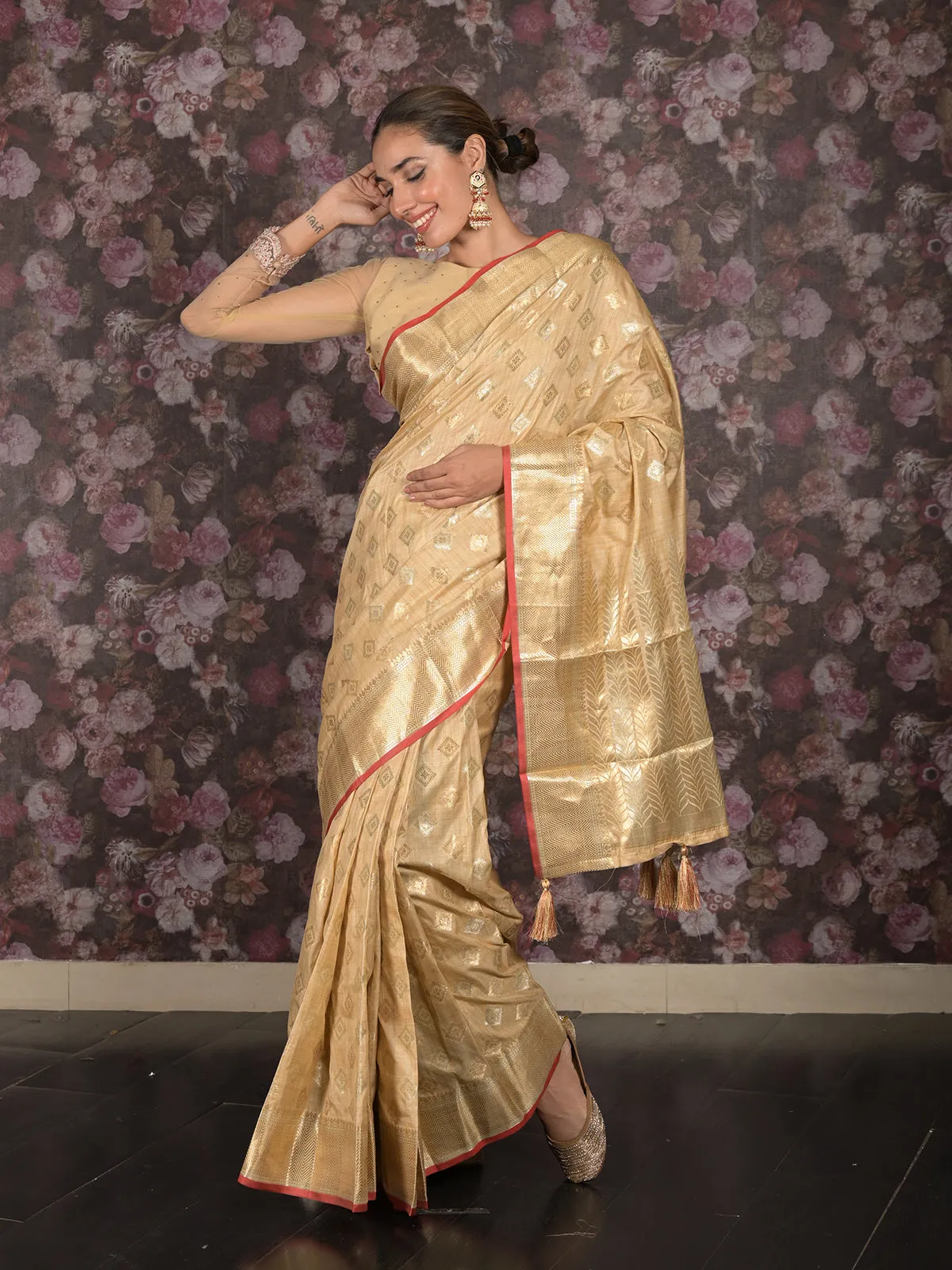 Odette Beige Silk Blend Woven Saree with Unstitched Blouse for Women