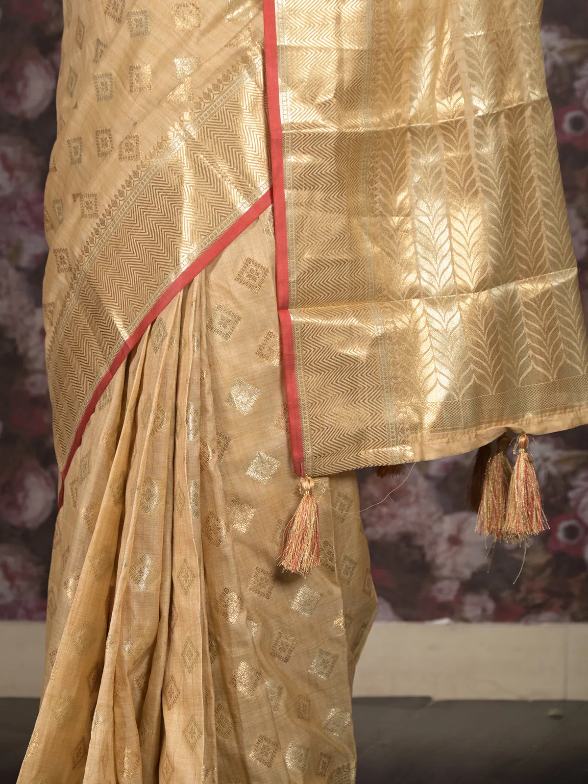 Odette Beige Silk Blend Woven Saree with Unstitched Blouse for Women