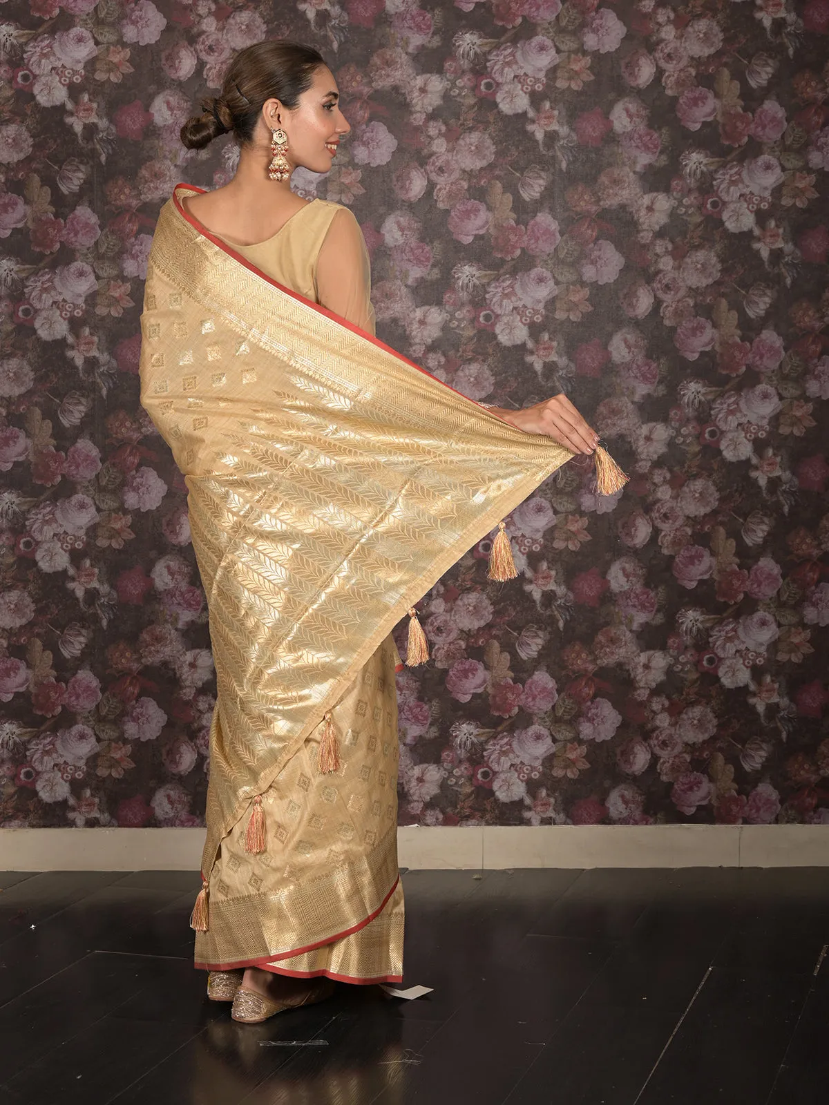 Odette Beige Silk Blend Woven Saree with Unstitched Blouse for Women