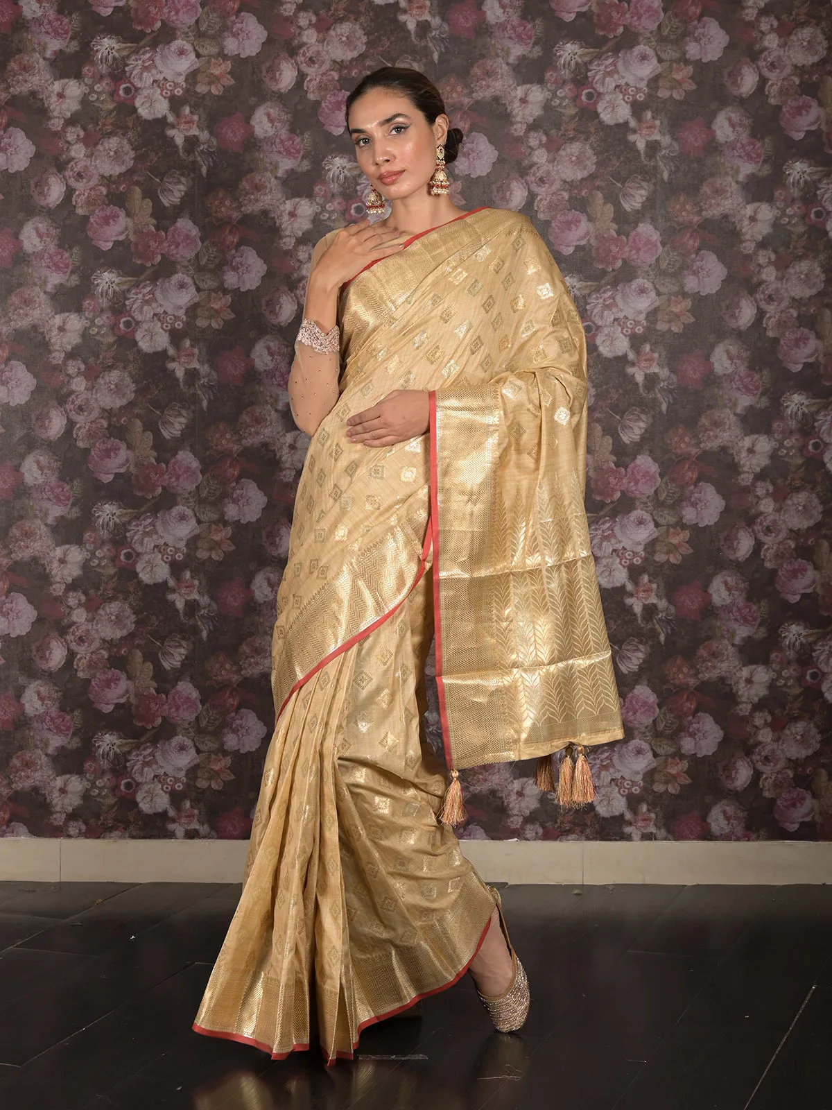 Odette Beige Silk Blend Woven Saree with Unstitched Blouse for Women