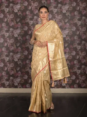 Odette Beige Silk Blend Woven Saree with Unstitched Blouse for Women