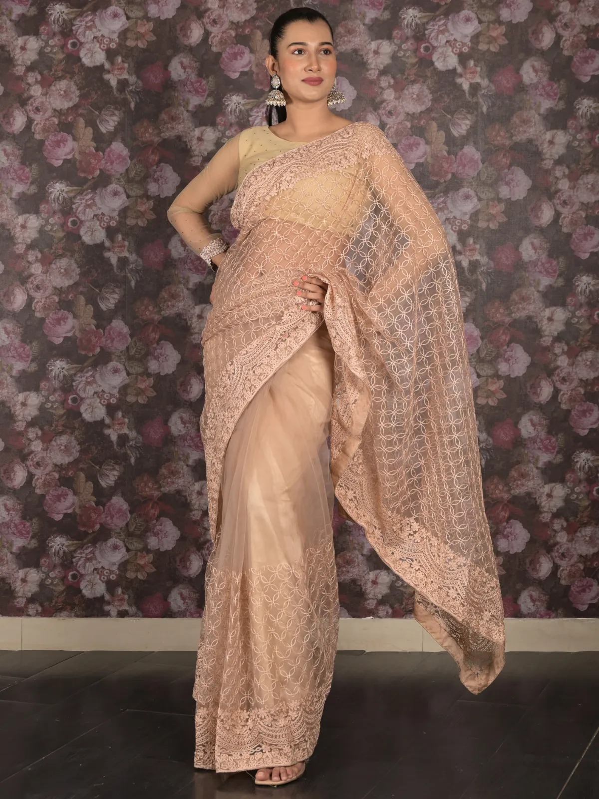 Odette Beige Thread Embroidered Net Saree with Unstitched Blouse for Women