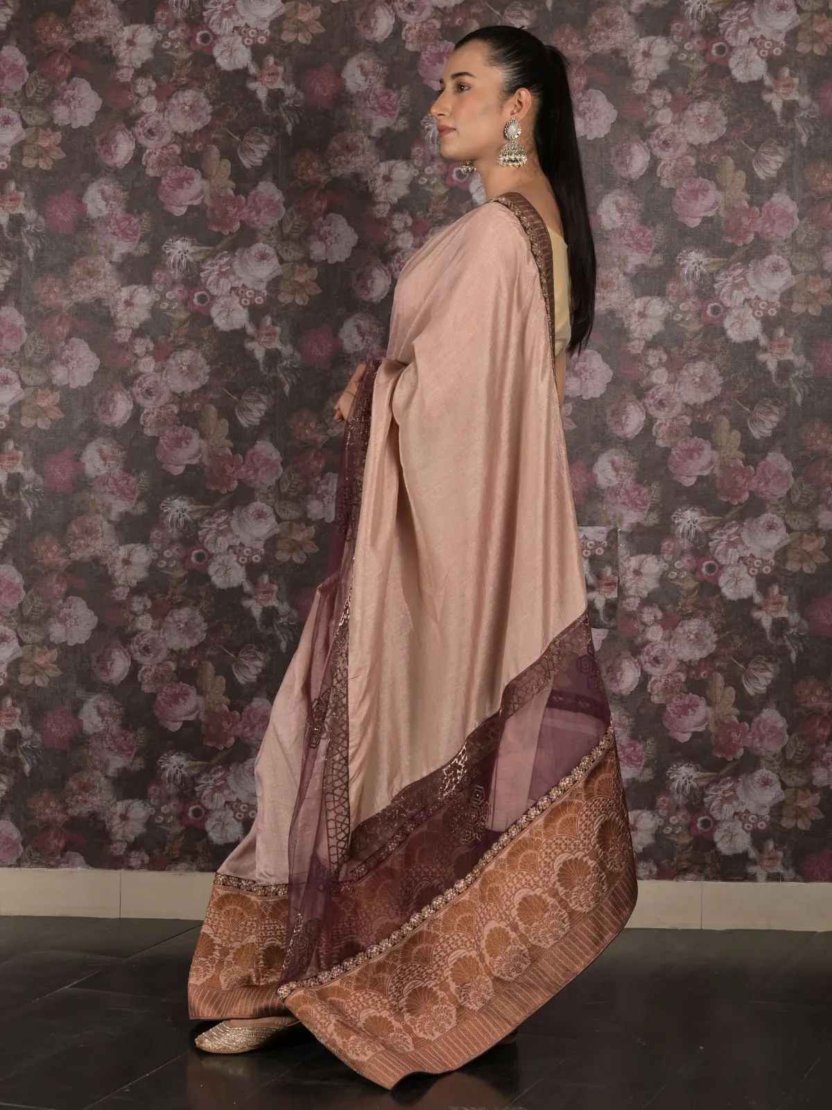 Odette Beige Woven Cotton Silk Blend Saree With Unstitched Blouse For Women