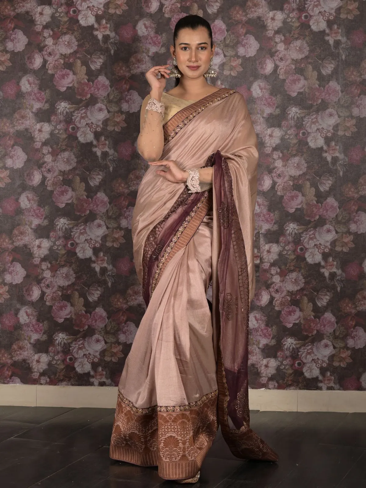 Odette Beige Woven Cotton Silk Blend Saree With Unstitched Blouse For Women