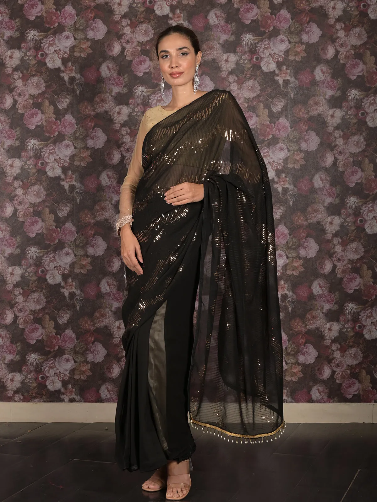 Odette Black and Gold Sequins Embroidered Georgette Saree with Unstitched Blouse for Women