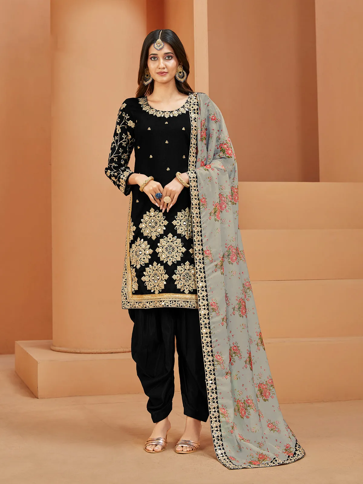 Odette Black Art Silk  Embroidered Semi stitched Kurta Set For Women