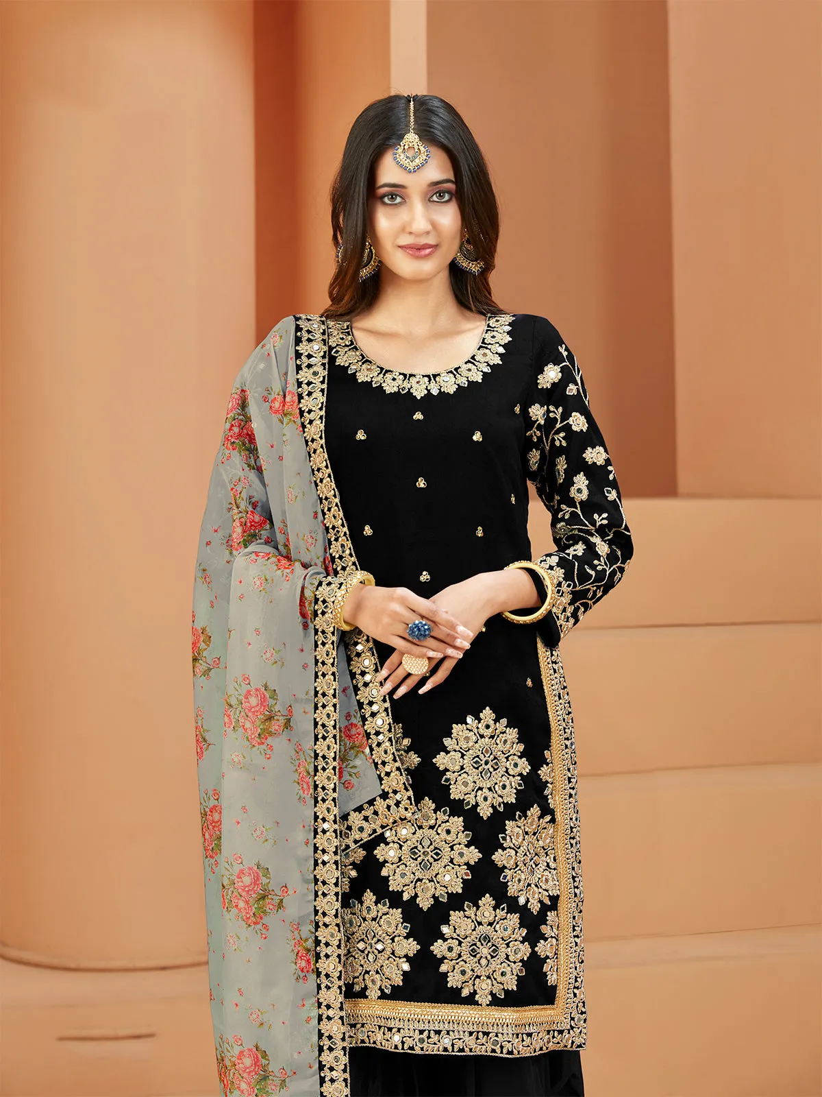 Odette Black Art Silk  Embroidered Semi stitched Kurta Set For Women