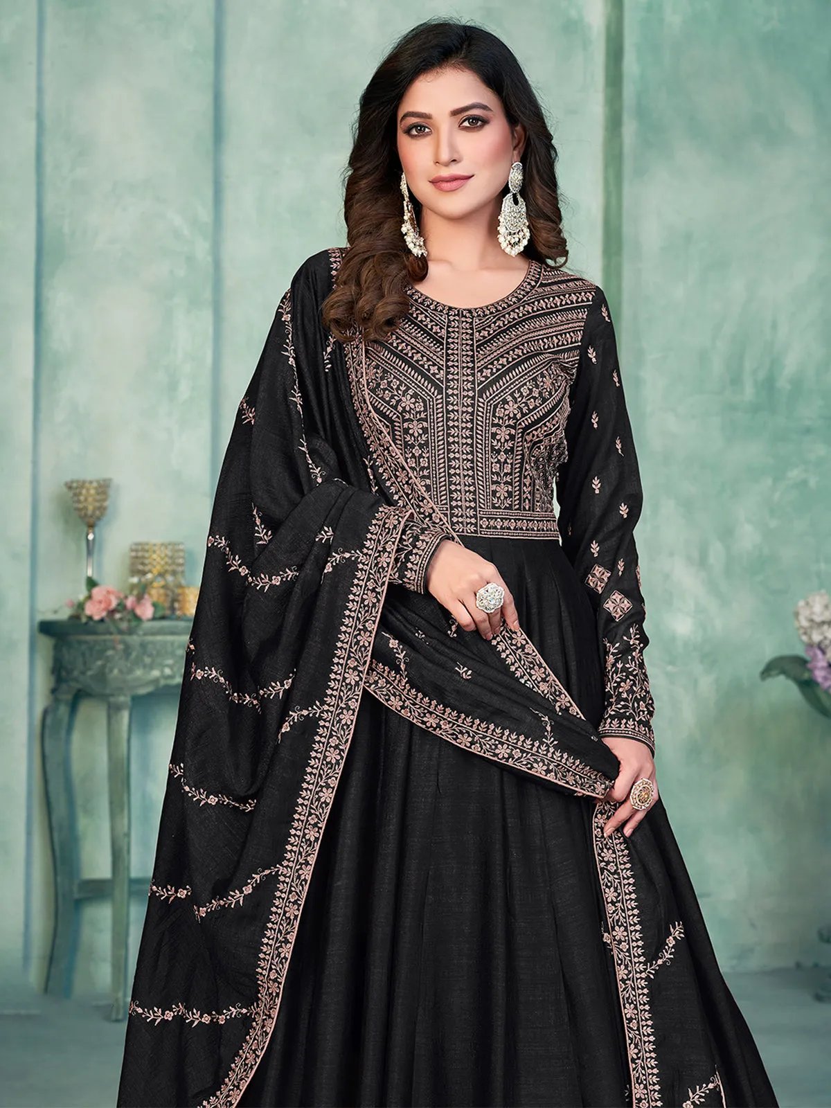 Odette Black Art Silk Embroidered Semi stitched Kurta Set with Inner For Women