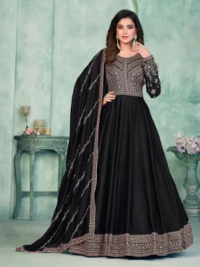 Odette Black Art Silk Embroidered Semi stitched Kurta Set with Inner For Women