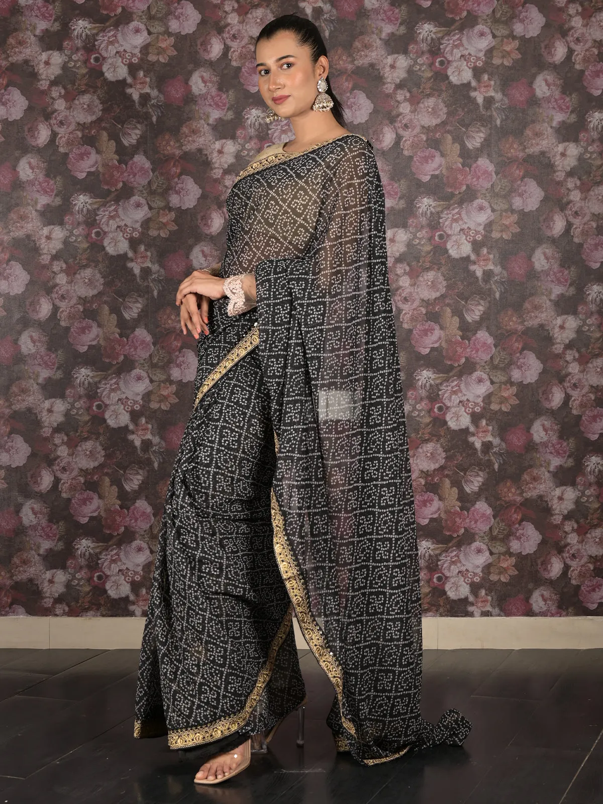 Odette Black Bandhani Printed Embroidered Saree with Unstitched Blouse for Women