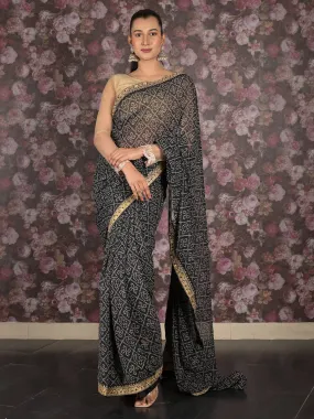 Odette Black Bandhani Printed Embroidered Saree with Unstitched Blouse for Women