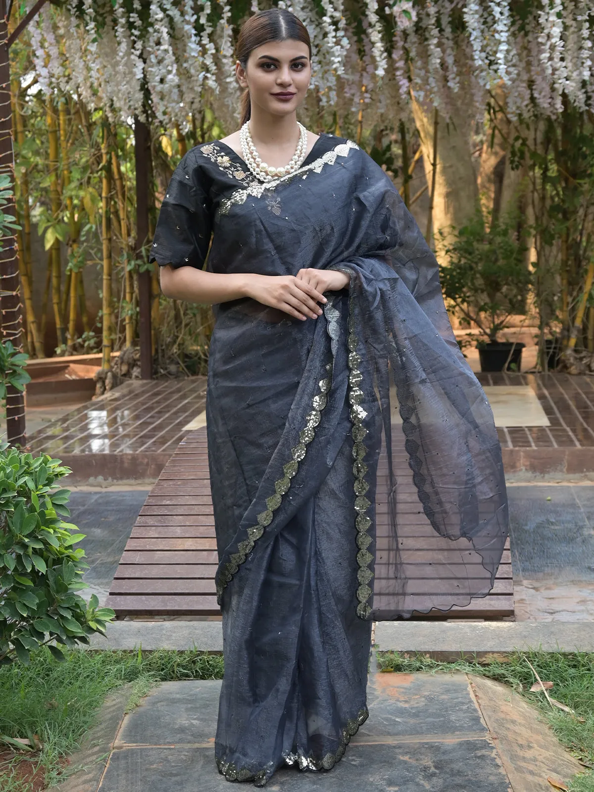 Odette Black Beads Embroidered Organza Saree with Unstitched Blouse for Women