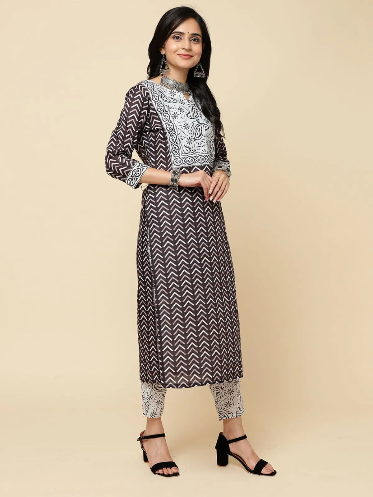 Odette Black Cotton Blend Printed Stitched Kurta Set For Women