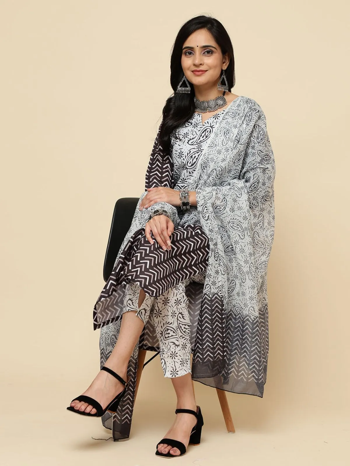 Odette Black Cotton Blend Printed Stitched Kurta Set For Women