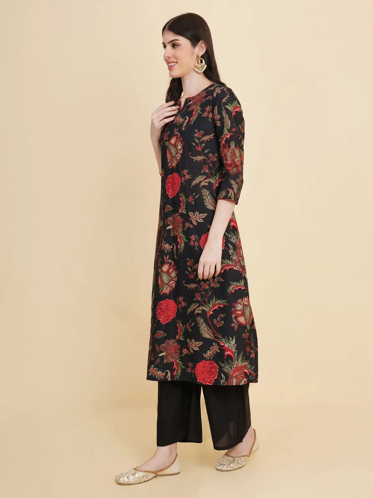 Odette Black Cotton Printed Stitched Kurta Set  For Women