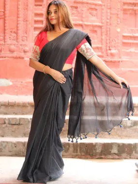 Odette Black Cotton  Saree  With Unstitched Blouse for Women