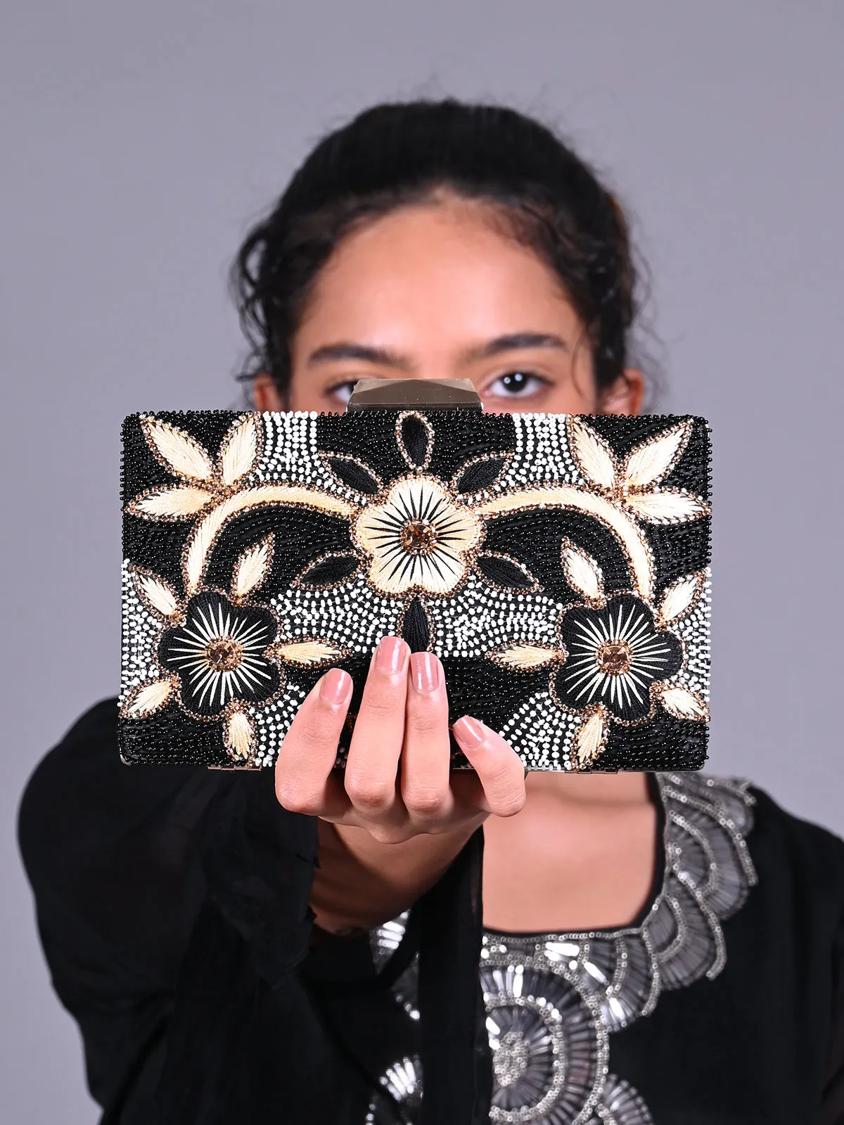 Odette Black Embroidered Clutch Bag For Women