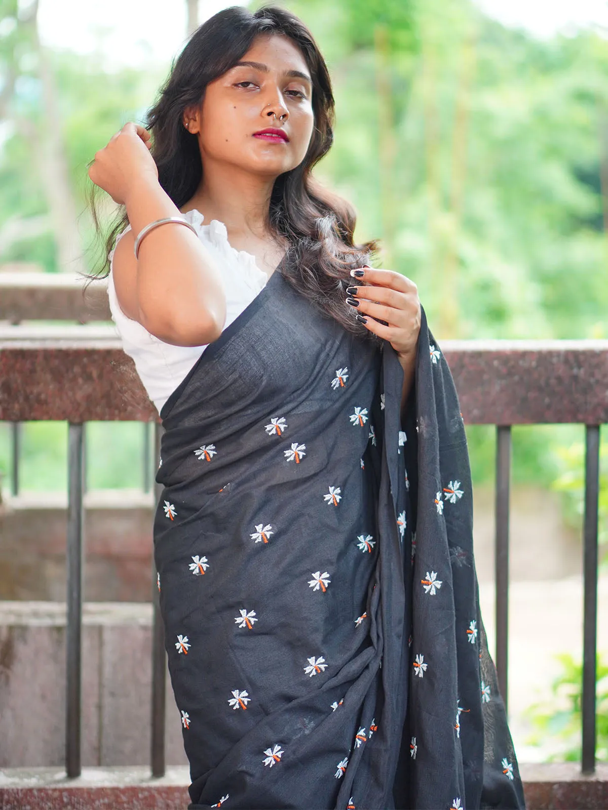 Odette Black Embroidered Cotton Saree With Unstitched Blouse For Women