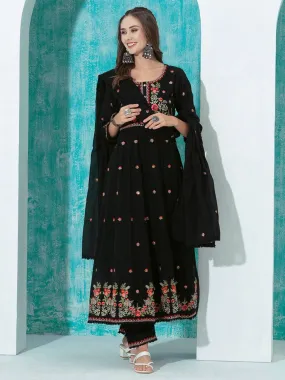 Odette Black Embroidered Cotton Stitched Kurta Set For Women