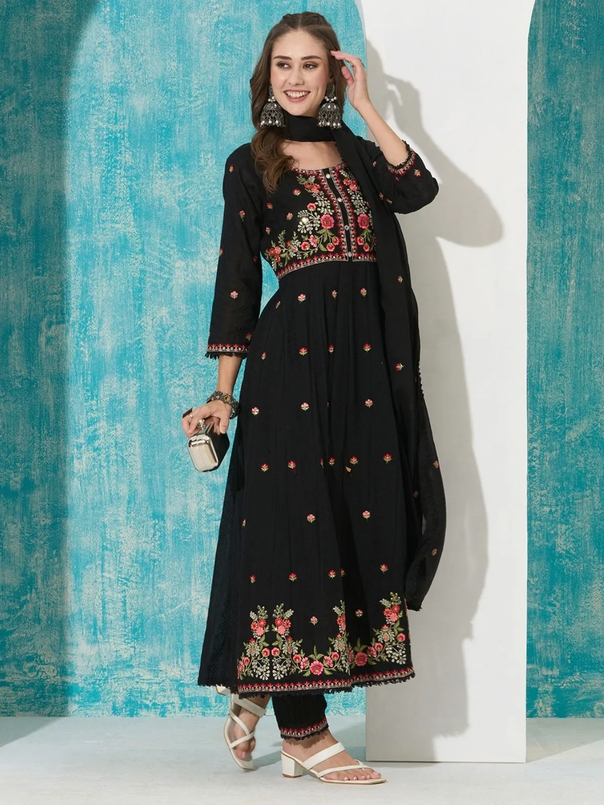 Odette Black Embroidered Cotton Stitched Kurta Set For Women