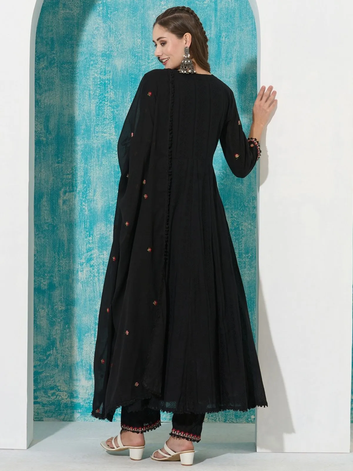 Odette Black Embroidered Cotton Stitched Kurta Set For Women