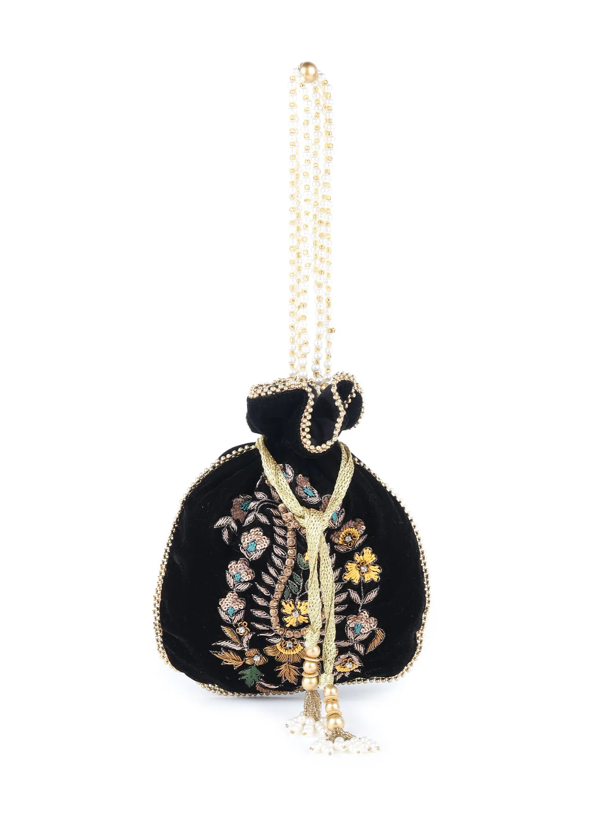 Odette Black Embroidered Potli Bag For Women