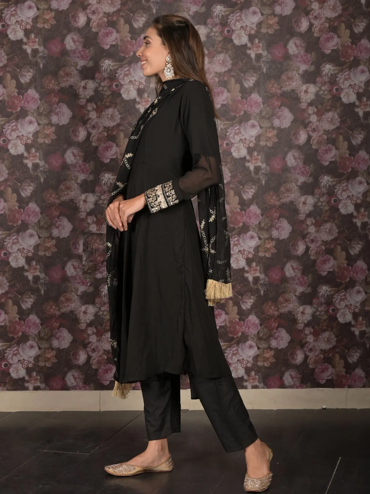 Odette Black Embroidered Stitched Fit and Flare Georgette Kurta Set for Womem