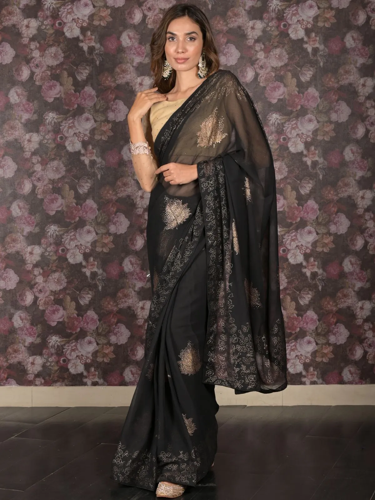 Odette Black Foil Printed Chiffon Saree with Unstitched Blouse for Women