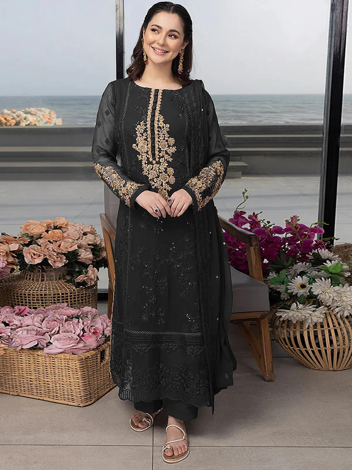 Odette Black Georgette Embroidered Semi Stitched Kurta Set For Women