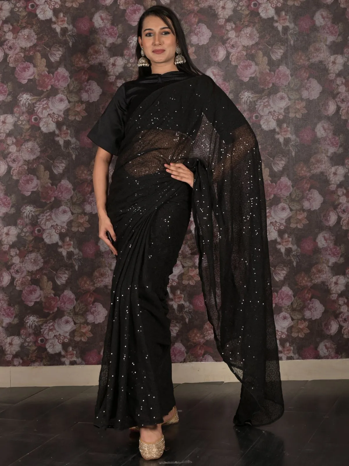 Odette Black Heavy Sequins Embroidered Georgette Saree with Unstitched Blouse for Women