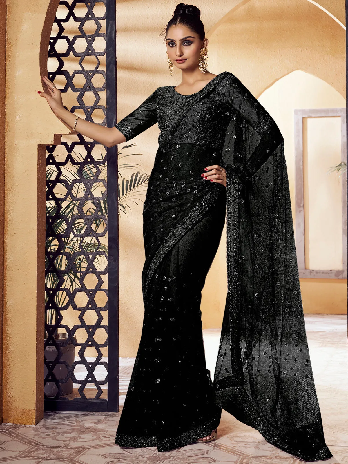 Odette Black Net Embellished Saree with Unstitched Blouse For Women