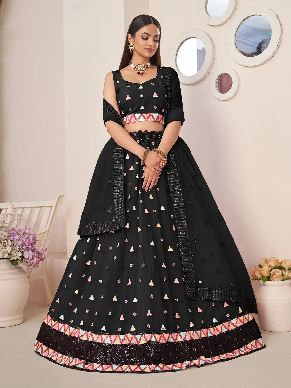 Odette Black Net Embellished Semi Stitched Lehenga With Unstitched Blouse for Women