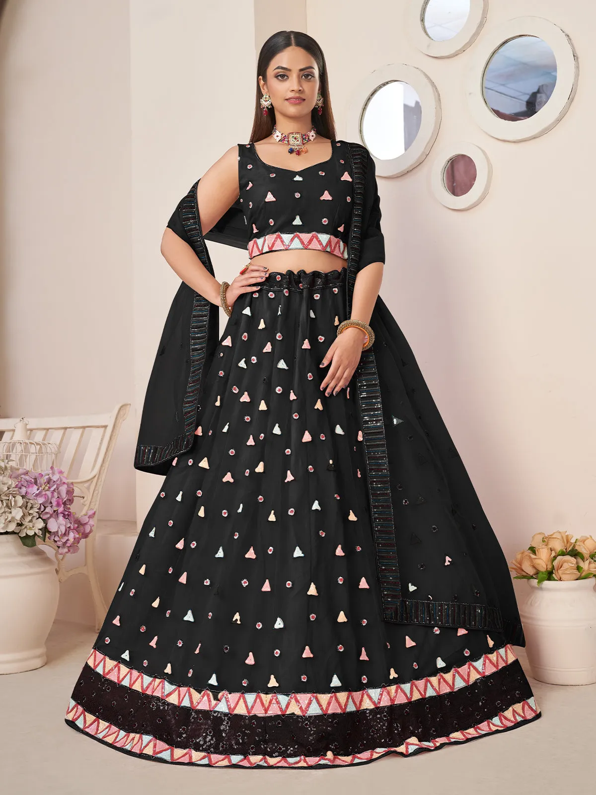 Odette Black Net Embellished Semi Stitched Lehenga With Unstitched Blouse for Women