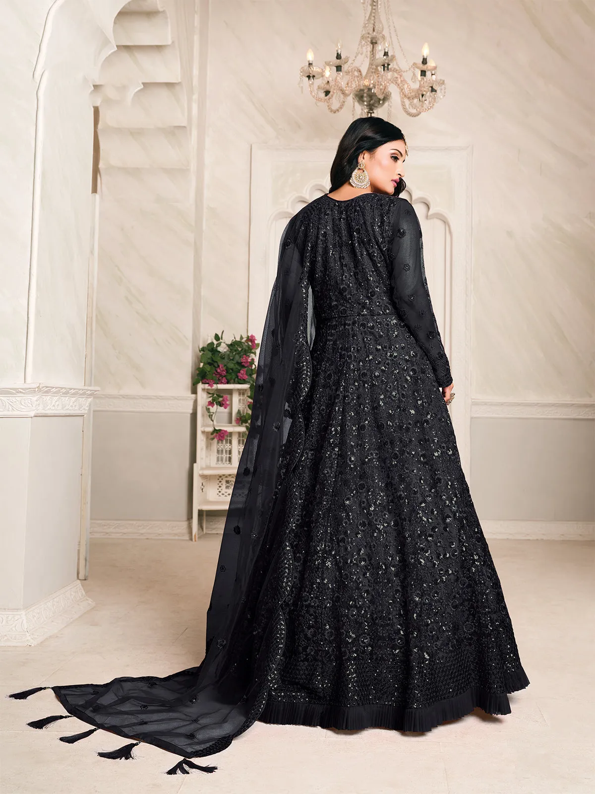 Odette Black Net Embroidered Semi stitched Kurta Set with Inner For Women