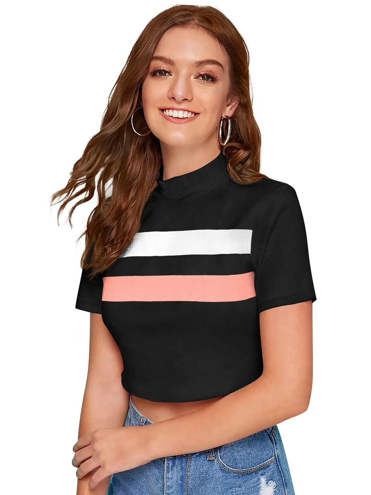 Odette Black Polyester Color Block Top For Women