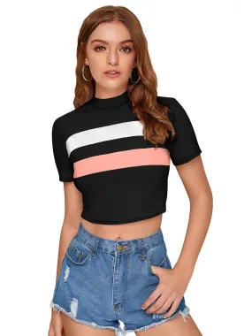 Odette Black Polyester Color Block Top For Women