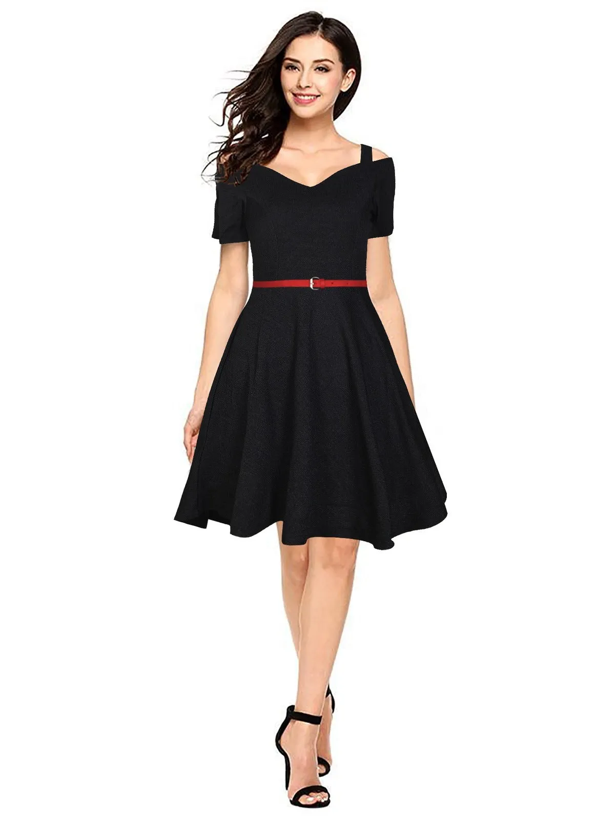 Odette Black Polyester Skater Dress For Women