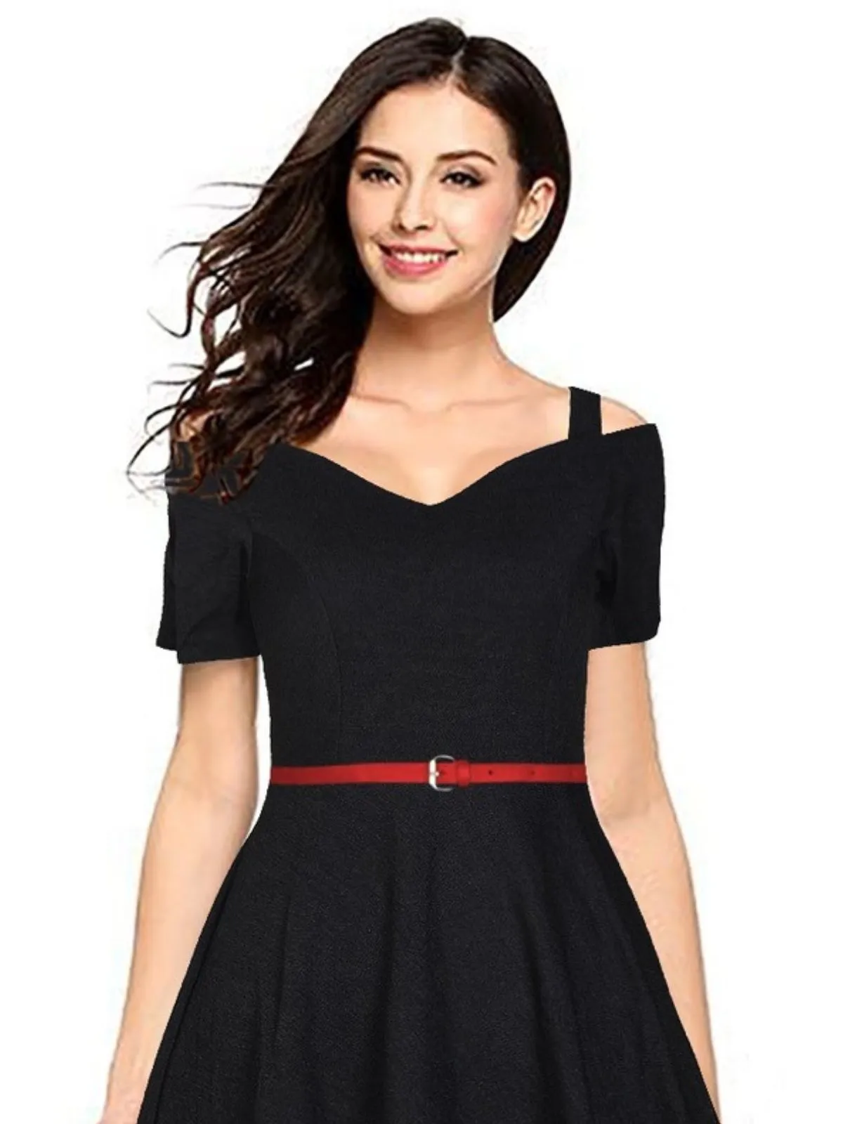 Odette Black Polyester Skater Dress For Women