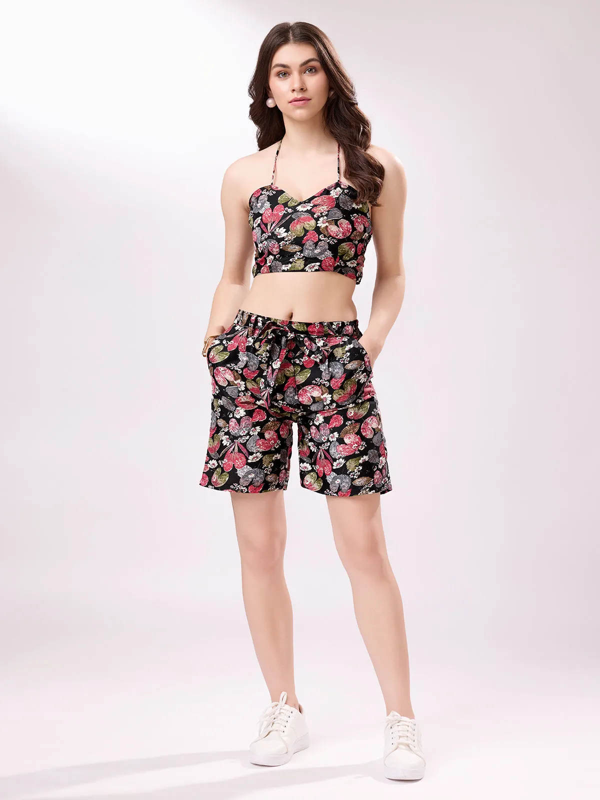 Odette Black Printed Cotton Blend Stitched Co-Ord Set For Women