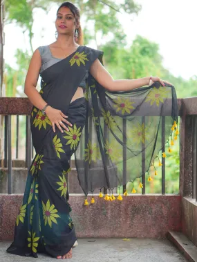 Odette Black Printed Cotton Saree With Unstitched Blouse For Women